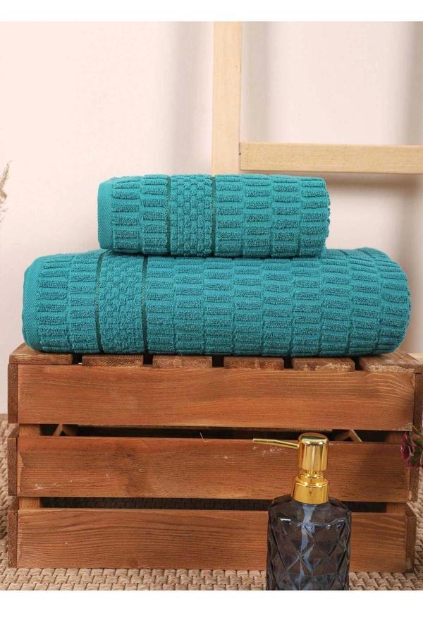 2 Parça Banyo Havlu Takımı %100 Pamuklu Çubuk Desen Yeşil - Image 1