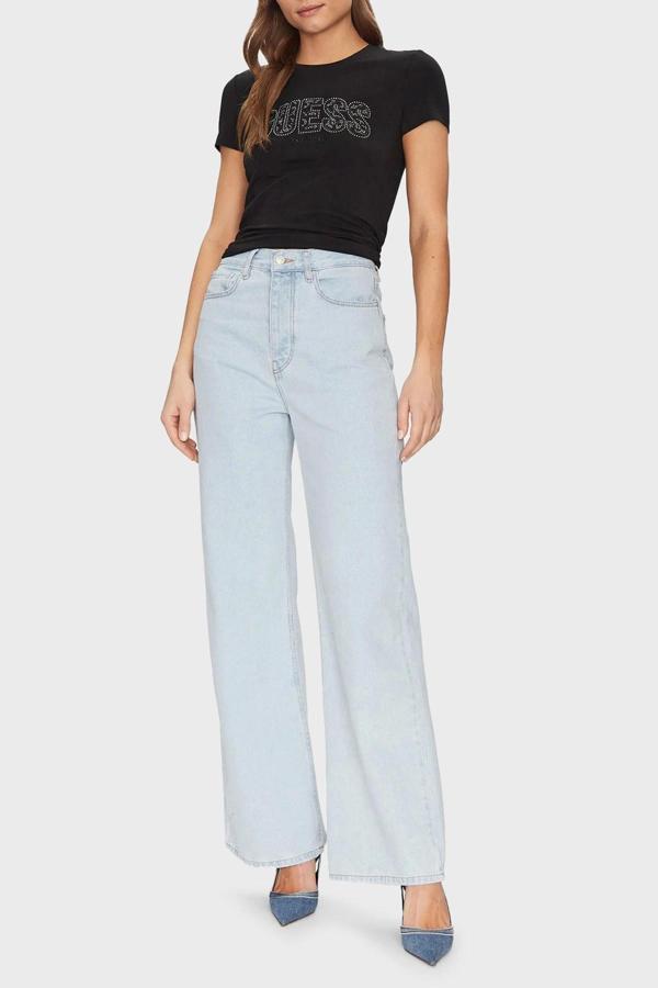 Guess Kadın Siyah Dantel Detaylı Logolu Tişört - Image 1