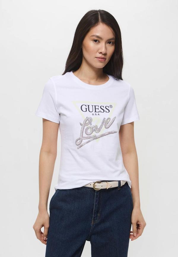 Guess Kadın Beyaz Love Triangle Logolu Tişört - Image 1