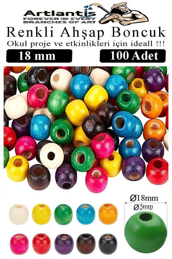 Renkli Ahşap Boncuk 18mm 100 lü 1 Paket Renkli Ahşap Boyalı Yuvarlak Doğal Boncuklar Saç Takı Tasarım Ektinlik Kreş Okul - Image 1