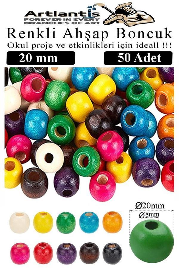 Renkli Ahşap Boncuk 20mm 50 li 1 Paket Renkli Ahşap Boyalı Yuvarlak Doğal Boncuklar Saç Takı Tasarım Ektinlik Kreş Okul - Image 1