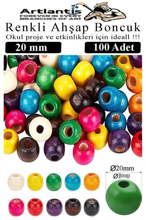 Renkli Ahşap Boncuk 20mm 100 lü 1 Paket Renkli Ahşap Boyalı Yuvarlak Doğal Boncuklar Saç Takı Tasarım Ektinlik Kreş Okul - Image 1