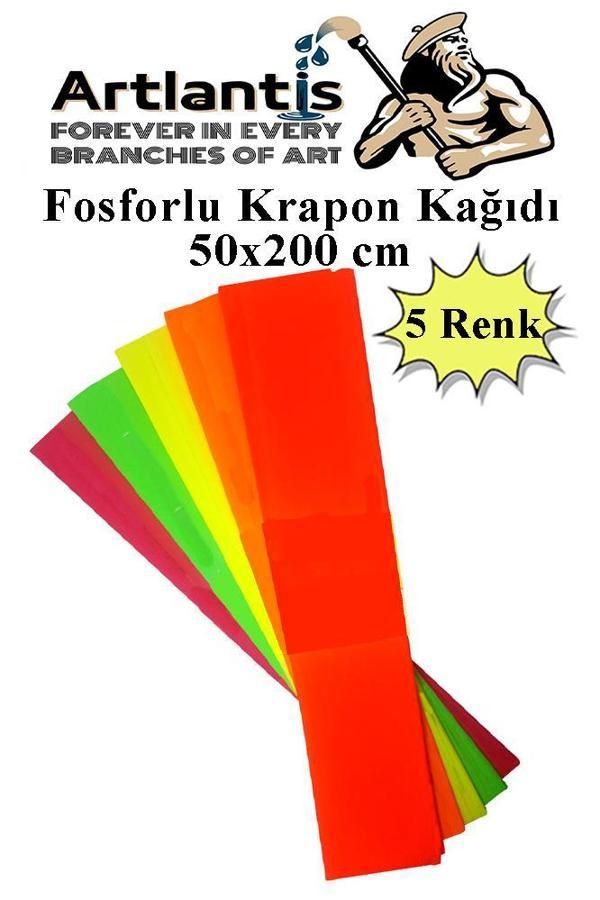 Fosforlu Krapon Kağıdı 5 Renk 50x200 cm 1 Paket Grapon Kağıdı Karışık Renkli 5'li Okul Sınıf Kreş - Image 1