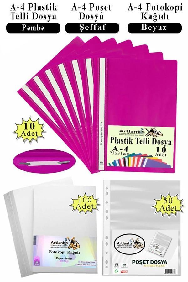 Telli Dosya Plastik A4 10 lu Poşet Dosya 50 li A4 Fotokopi Kağıdı 100 Adet 1 Paket Ekonomik Kaliteli Şeffaf Kapak Dosya - Image 1