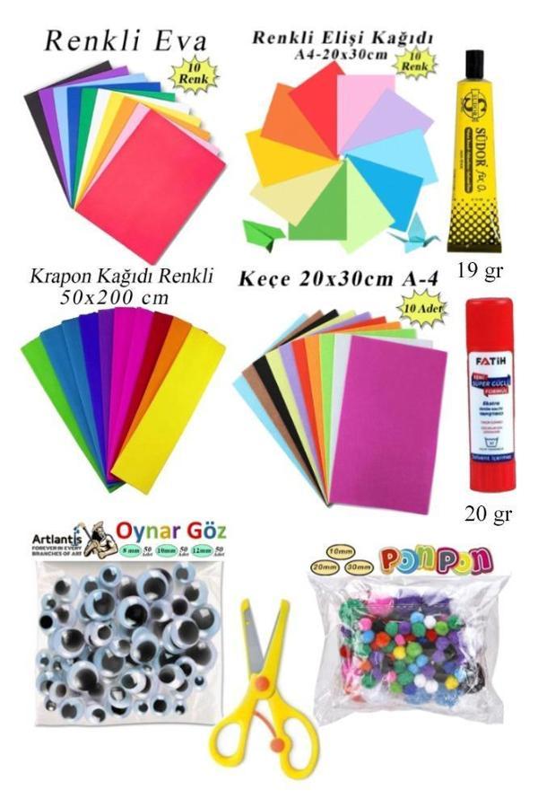 Anaokulu Etkinlik Seti 9 lu 1 Paket Okul Öncesi Gelişim Seti Eva Keçe Oynar Göz Krapon Ponpon Elişi Kağıdı - Image 1