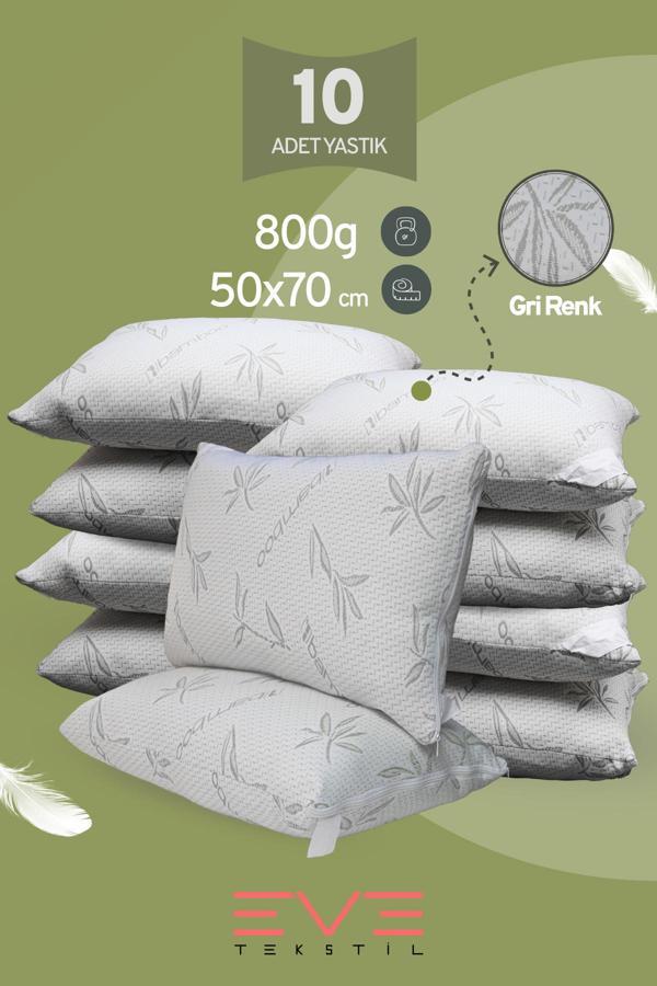 10 Adet Bamboo Gri Serisi Kılıflı Fermuarlı Yıkanabilir Antialerjik Silikon Elyaf Yastık 50x70cm 800 gr - Image 1