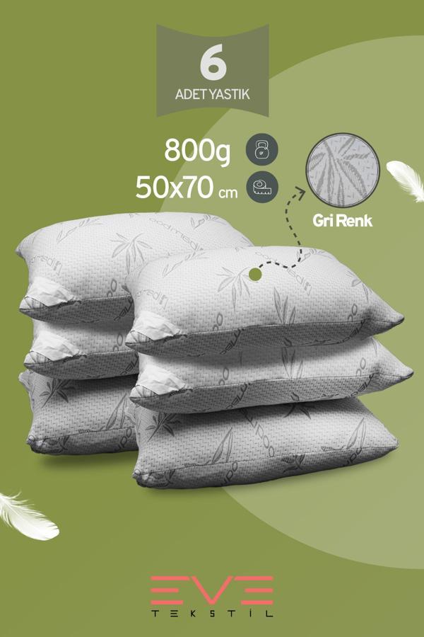 6 Adet Bamboo Gri Serisi Kılıflı Fermuarlı Yıkanabilir Antialerjik Silikon Elyaf Yastık 50x70cm 800 gr - Image 1