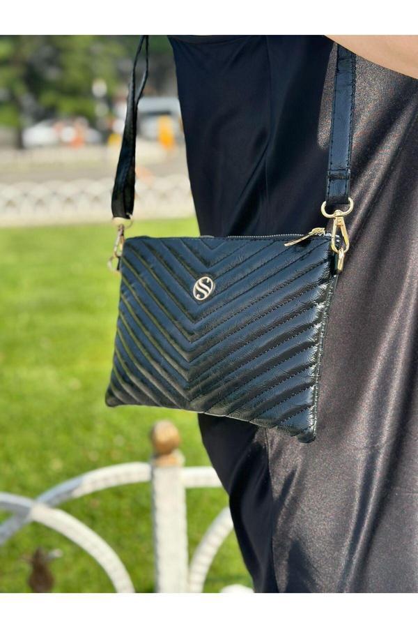 Kadın Suni Deri Siyah Parlak Renkli Ayarlanabilir Çapraz Ve El Askılı Portföy, Clutch Çanta - Image 1
