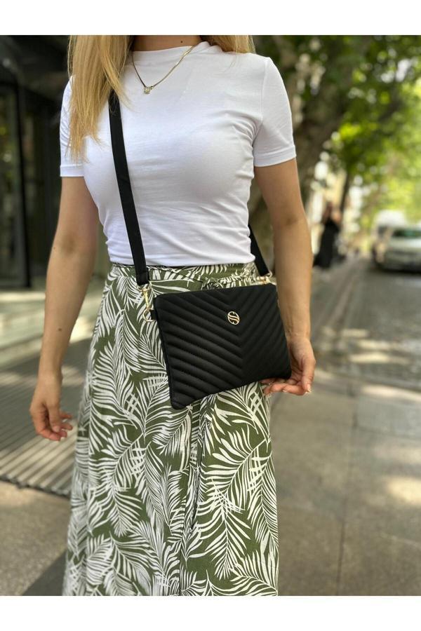 Kadın Siyah Renkli Saten Kumaş Ayarlanabilir Çapraz Ve El Askılı Portföy, Clutch Çanta - Image 1