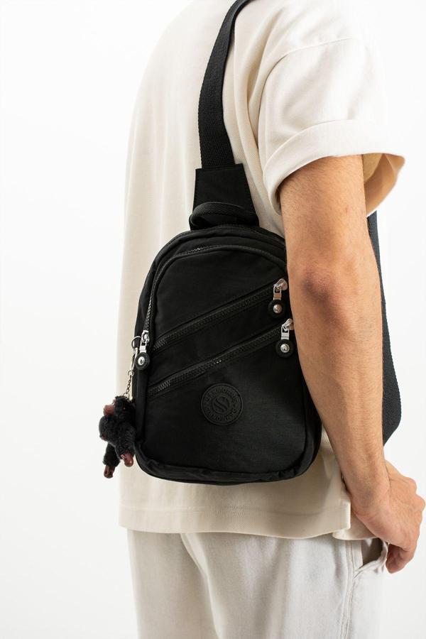 Unisex Kırinkıl Kumaş Siyah Renkli Suya Dayanıklı Çok Bölmeli Omuz Çantası Body Bag - Image 1