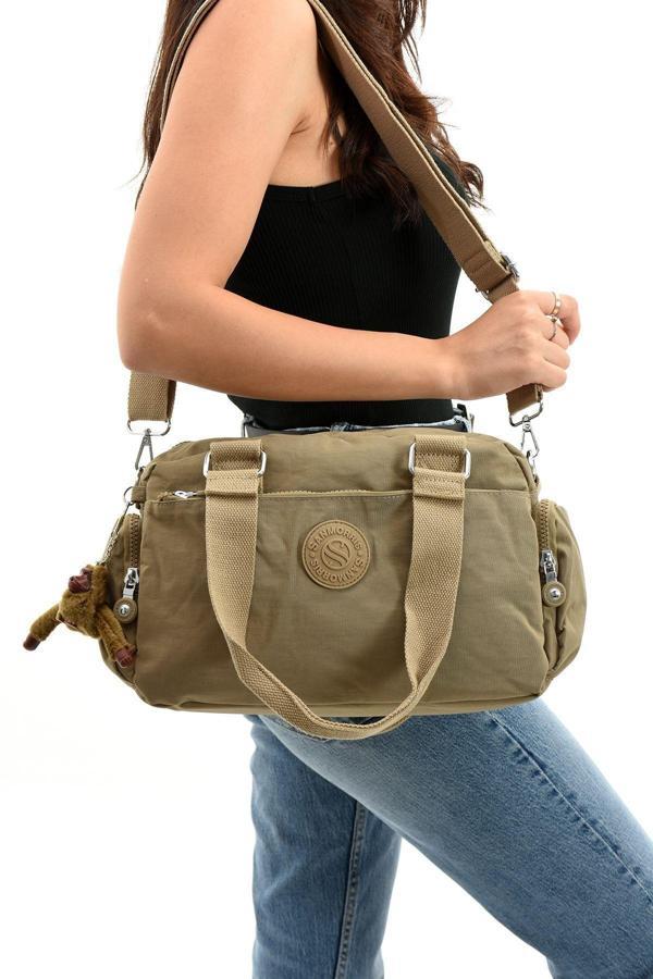 Unisex Krinkıl Kumaş Omuz Ve Çapraz Askılı Bej Renkli Çanta - Image 1