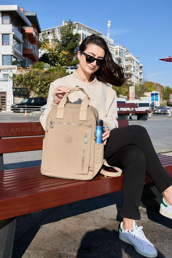 Unisex Suya Dayanıklı Krinkıl Kumaş Çok Gözlü Bej Laptop Okul Ve Sırt Çantası - Image 1