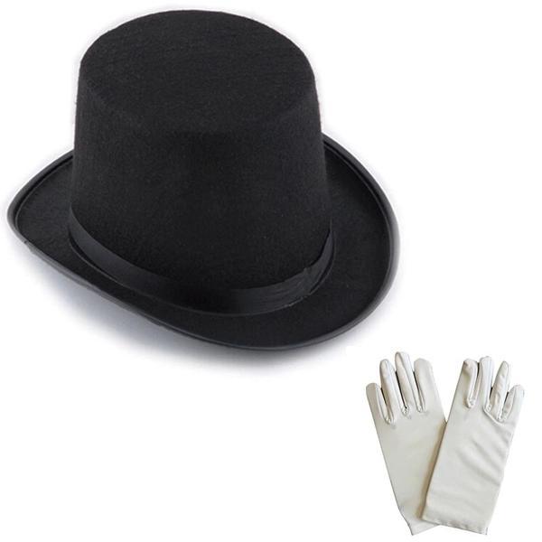 Siyah Sihirbaz Fötr Şapka 15 Cm - 1 Çift Beyaz Sihirbaz Eldiveni - Yetişkin Boy - Image 1