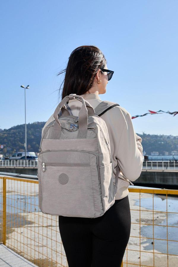 Unisex Suya Dayanıklı Orta Boy Krinkıl Kumaş Çok Gözlü  Vizon Laptop Okul Ve Seyahat Sırt Çantası - Image 1
