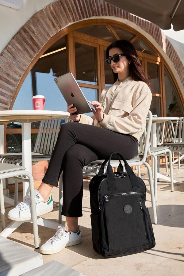 Unisex Suya Dayanıklı Krinkıl Kumaş Çok Gözlü Siyah Laptop Okul Ve Sırt Çantası - Image 1