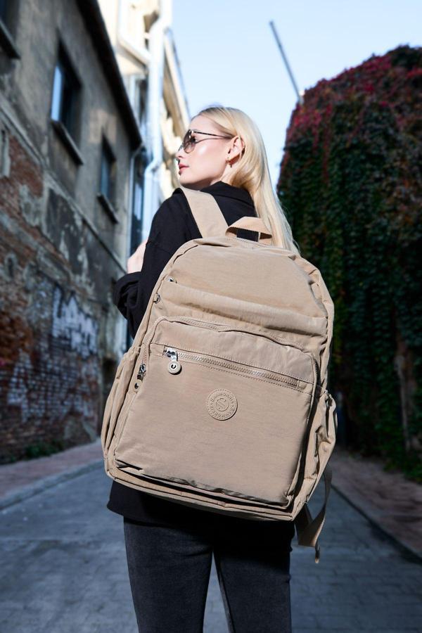 Unisex Suya Dayanıklı Büyük Boy Krinkıl Kumaş Çok Gözlü Bej Laptop Okul Ve Seyahat Sırt Çantası - Image 1