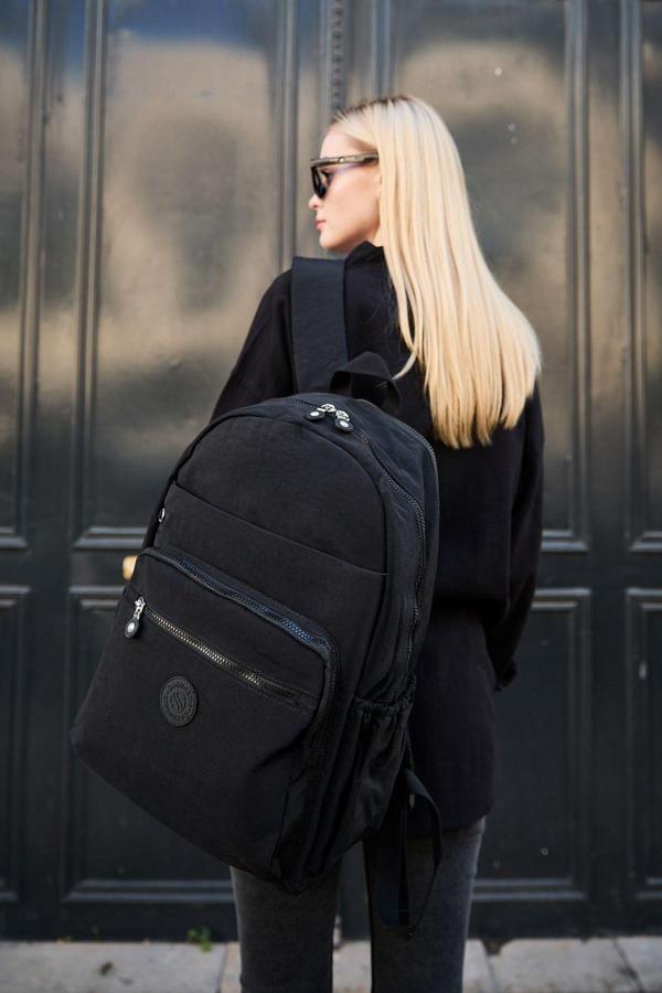 Unisex Suya Dayanıklı Büyük Boy Krinkıl Kumaş Çok Gözlü Siyah Laptop Okul Ve Seyahat Sırt Çantası - Image 1