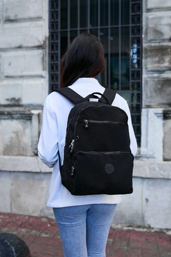Unisex Suya Dayanıklı Orta Boy Krinkıl Kumaş Çok Gözlü Siyah Laptop Okul Ve Seyahat Sırt Çantası - Image 1