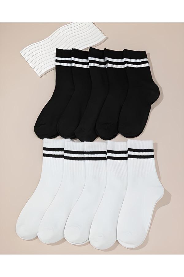 Ballet Unisex Beyaz Çizgili Kolej Çorap 10'Lu Paket (Pamuk) - Image 1