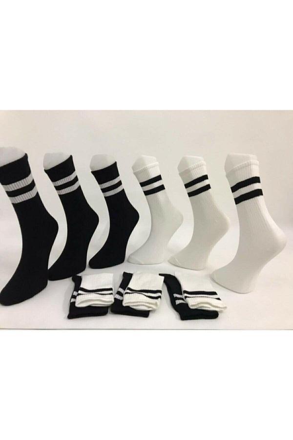 Aymiray Çorap Unisex 6' Lı Siyah Beyaz Uzun Çizgili Tenis Çorabı - Image 1