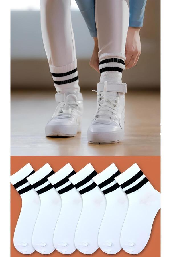 Ballet Beyaz Çizgili Kolej Çorap 6'Lı (Pamuk) - Image 1
