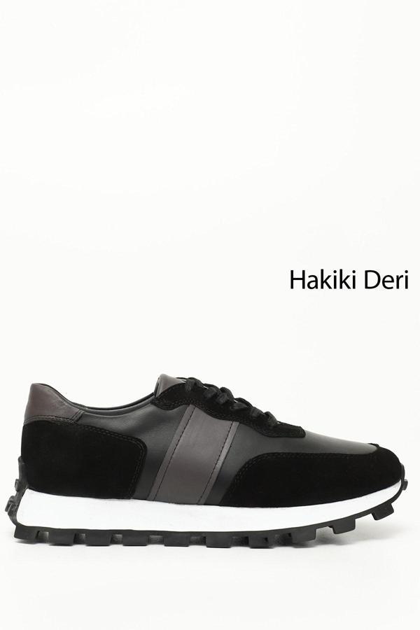 Erkek Siyah Bağcıklı Hakiki Deri Comfort Sneaker - Image 1