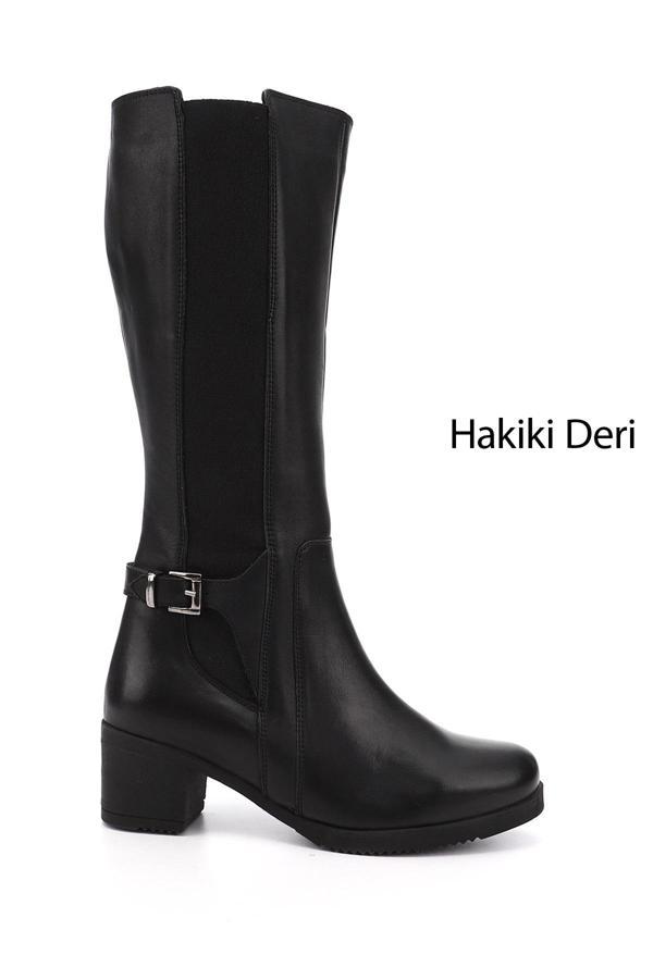 Kadın Siyah Fermuarlı Kalın Topuklu Hakiki Deri Çizme - Image 1