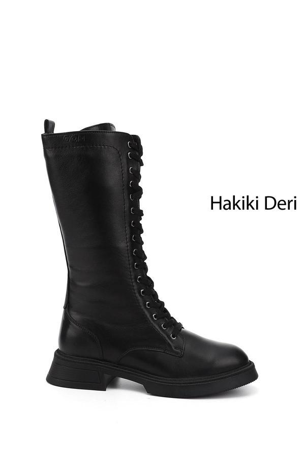 Kadın Siyah Fermuarlı Kalın Topuklu Hakiki Deri Postal Çizme - Image 1