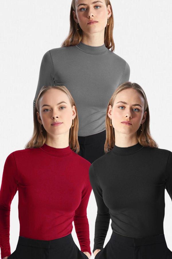 Vodens Kadın Siyah Antrasit Bordo 3'Lü Dik Yaka Uzun Kol Ultra Soft Body - Image 1