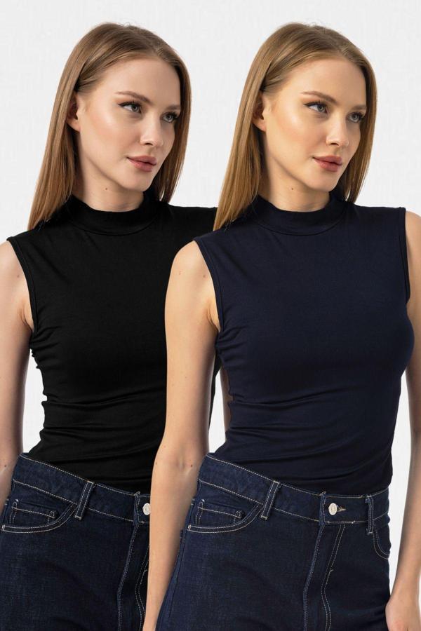 Vodens Siyah Lacivert 2'Li Kolsuz Body Bluz - Image 1