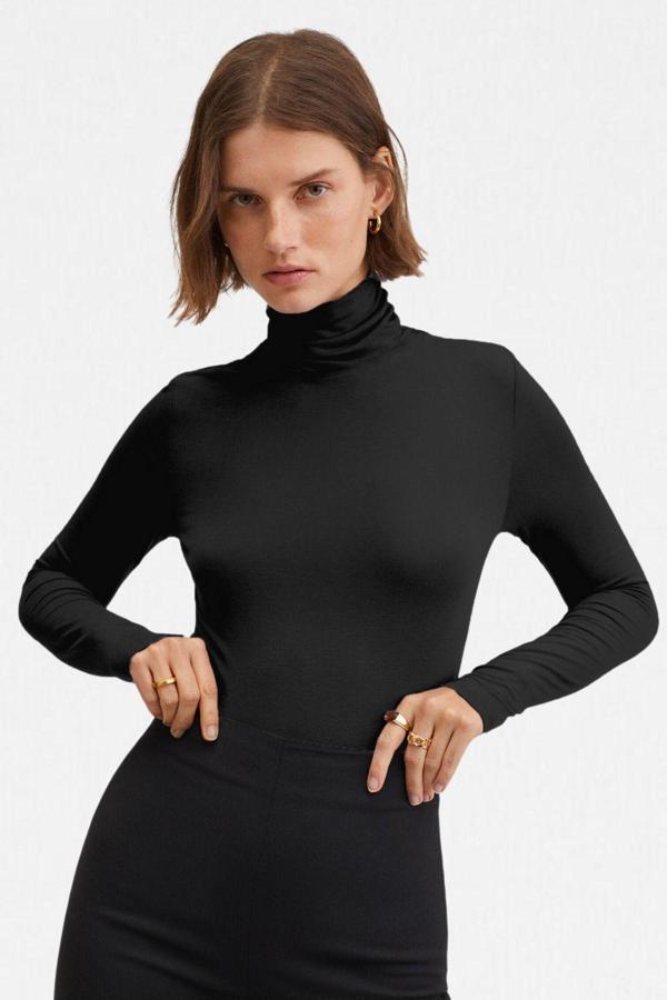 Vodens Kadın Siyah Ultra Soft Balıkçı Yaka Bluz - Image 1