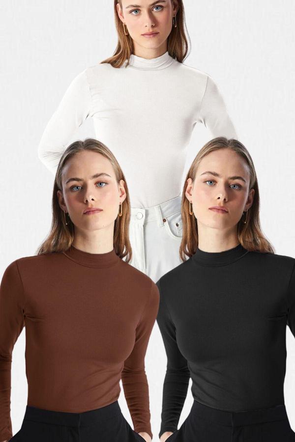 Vodens Kadın Siyah Beyaz Kahve 3'Lü Dik Yaka Uzun Kol Ultra Soft Body - Image 1