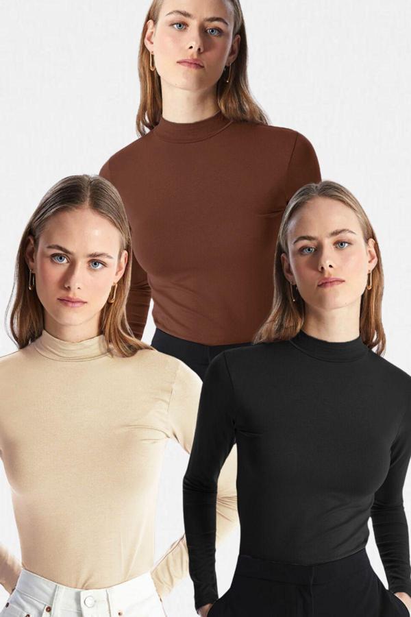 Vodens Kadın Siyah Kahve Bej 3'Lü Dik Yaka Uzun Kol Ultra Soft Body - Image 1