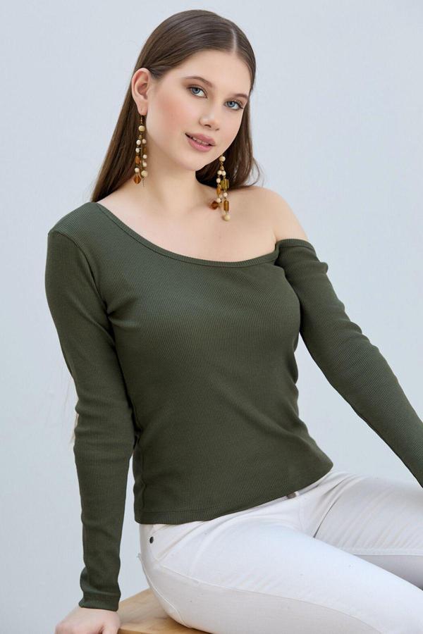 Vodens Kadın Haki Omuz Açık Kaşkorse Basic Uzun Kollu Bluz - Image 1