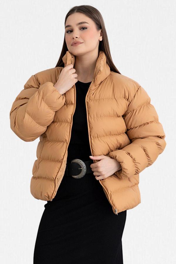 Vodens Kadın Camel İçi Kürklü Su Geçirmez Dik Yakalı Şişme Mont - Image 1