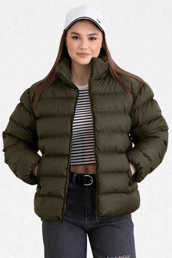 Vodens Kadın Haki İçi Kürklü Su Geçirmez Dik Yakalı Şişme Mont - Image 1
