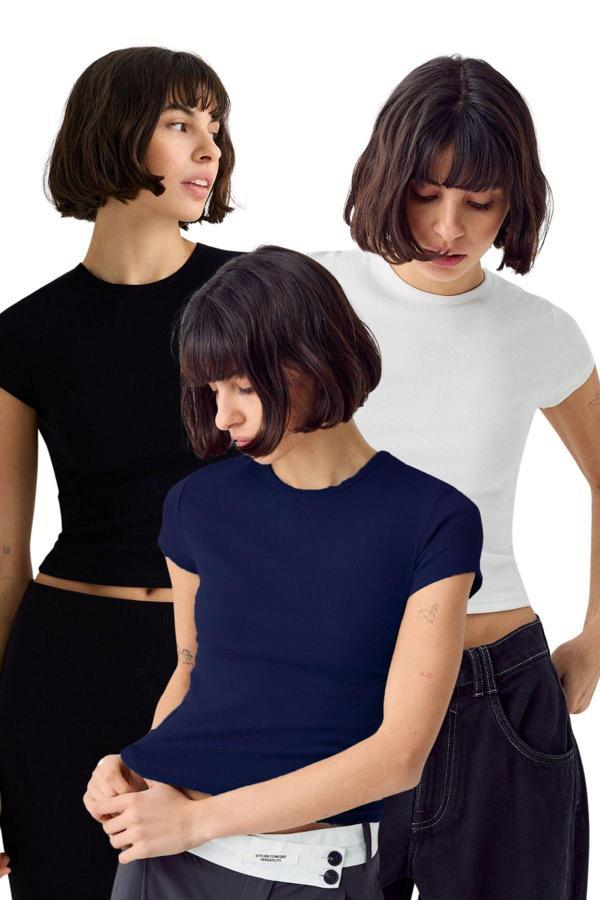 Vodens Kadın Siyah Beyaz Lacivert 3'Lü Kısakol %100 Pamuk Body - Image 1