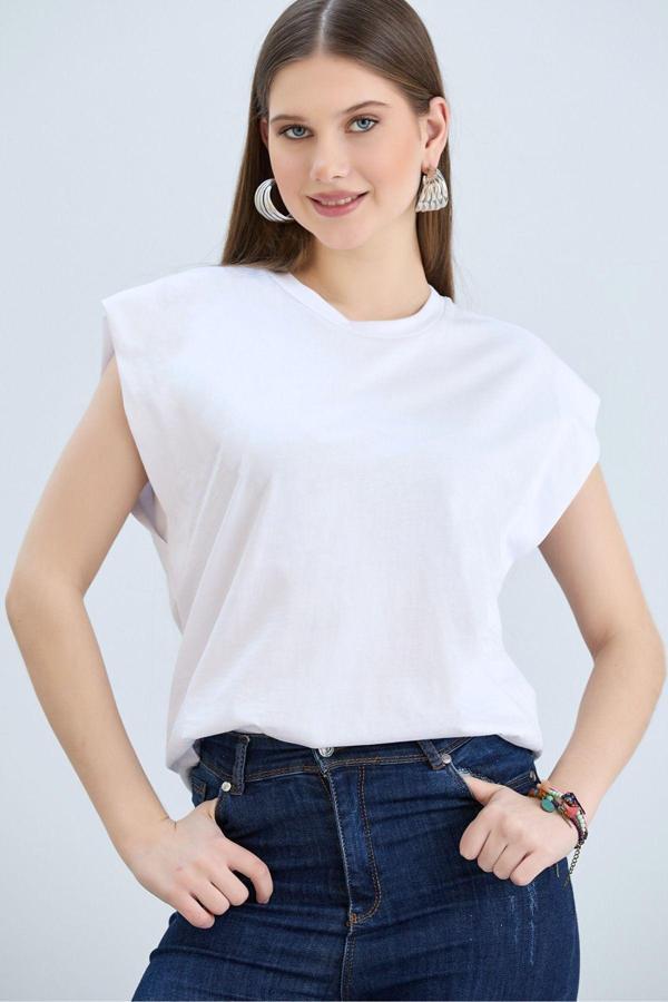 Vodens Kadın Beyaz Vatka Görünümlü Basic Bisiklet Yaka Örme T-Shirt - Image 1