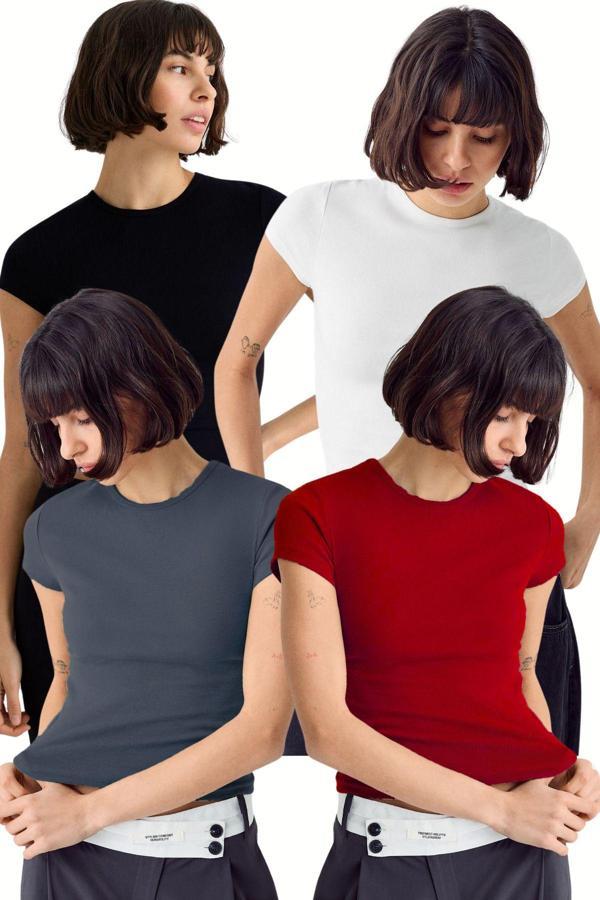 Vodens Kadın Siyah Beyaz Antrasit Bordo 4'Lü Kısakol %100 Pamuk Body - Image 1