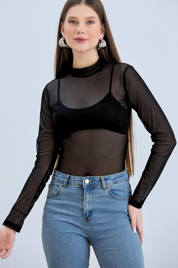 Vodens Kadın Siyah Tül Esnek Komple Transparan Bluz - Image 1