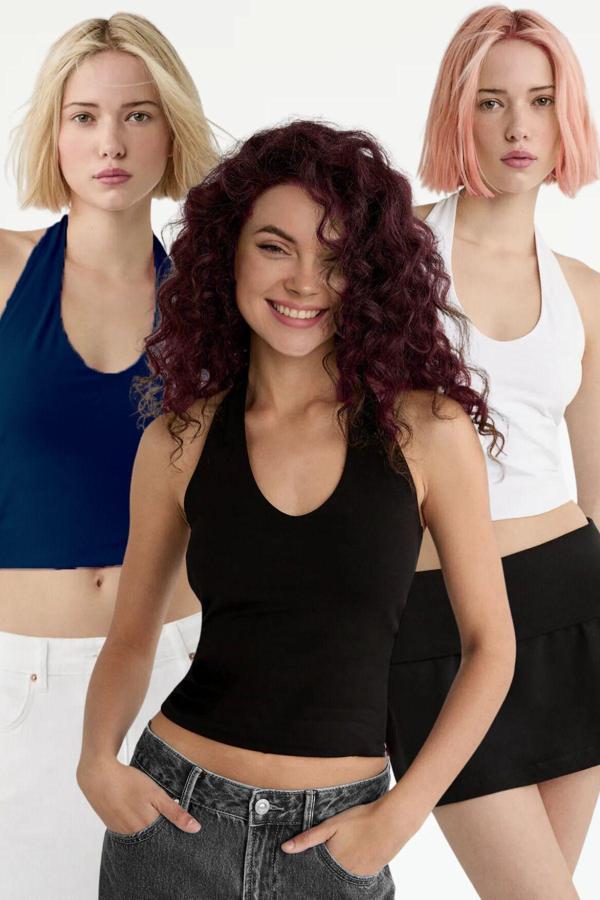 Vodens Kadın Siyah Beyaz Lacivert 3'Lü Halter Yaka Crop Top Body - Image 1