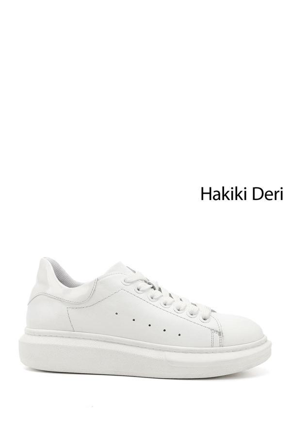 Kadın Beyaz Bağcıklı Dolgu Taban Hakiki Deri Sneaker - Image 1