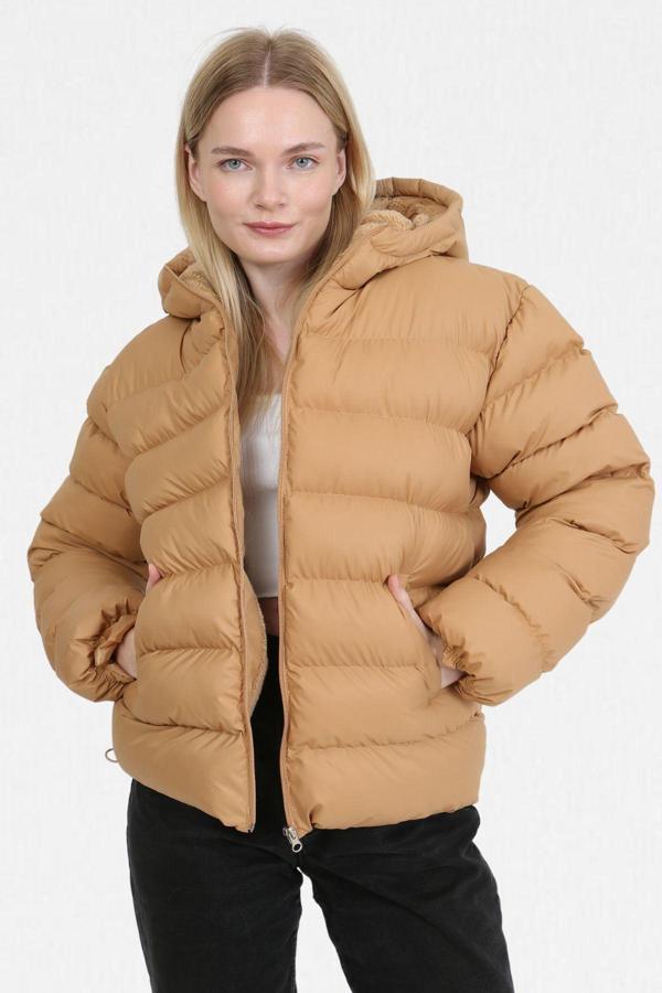 Vodens Camel İçi Kürklü Kalın Su Geçirmez Kapişonlu Şişme Mont - Image 1