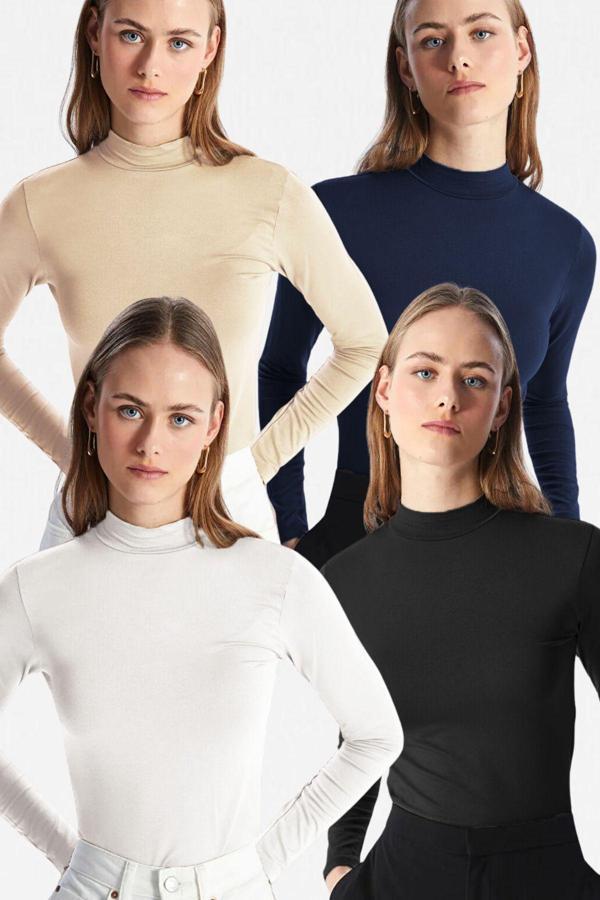 Vodens Kadın Siyah Beyaz Lacivert Bej 4'Lü Dik Yaka Uzun Kol Ultra Soft Body - Image 1