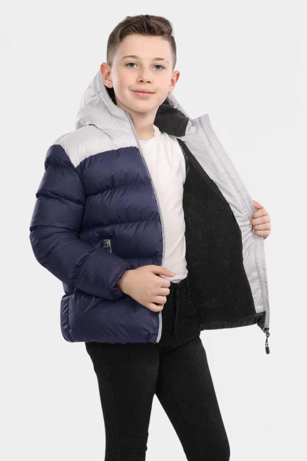 Vodens Erkek Çocuk Lacivert Parçalı Içi Polarlı Kürklü Su Geçirmez Kışlık Kalın Kapüşonlu Mont - Image 1