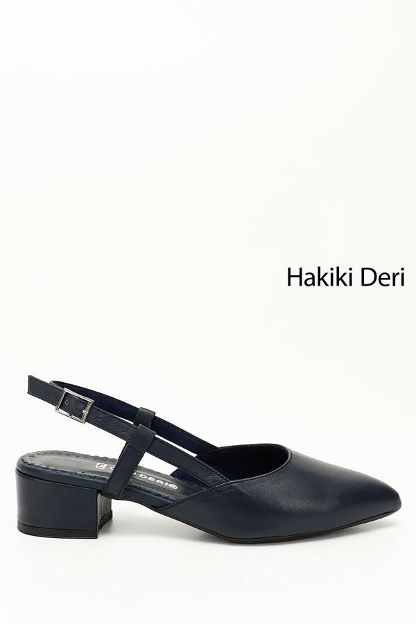 Kadın Lacivert Antik Kalın Topuklu Arkası Açık Hakiki Deri Ayakkabı - Image 1
