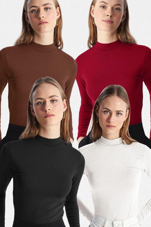 Vodens Kadın Siyah Beyaz Kahve Bordo 4'Lü Dik Yaka Ultra Soft Body Bluz - Image 1