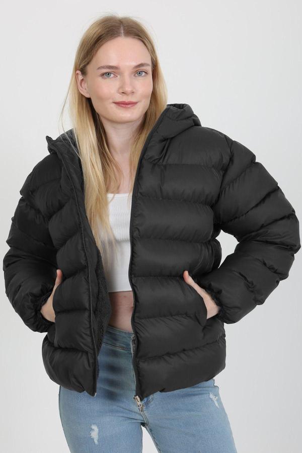 Vodens Siyah İçi Kürklü Kalın Su Geçirmez Kapişonlu Şişme Mont - Image 1