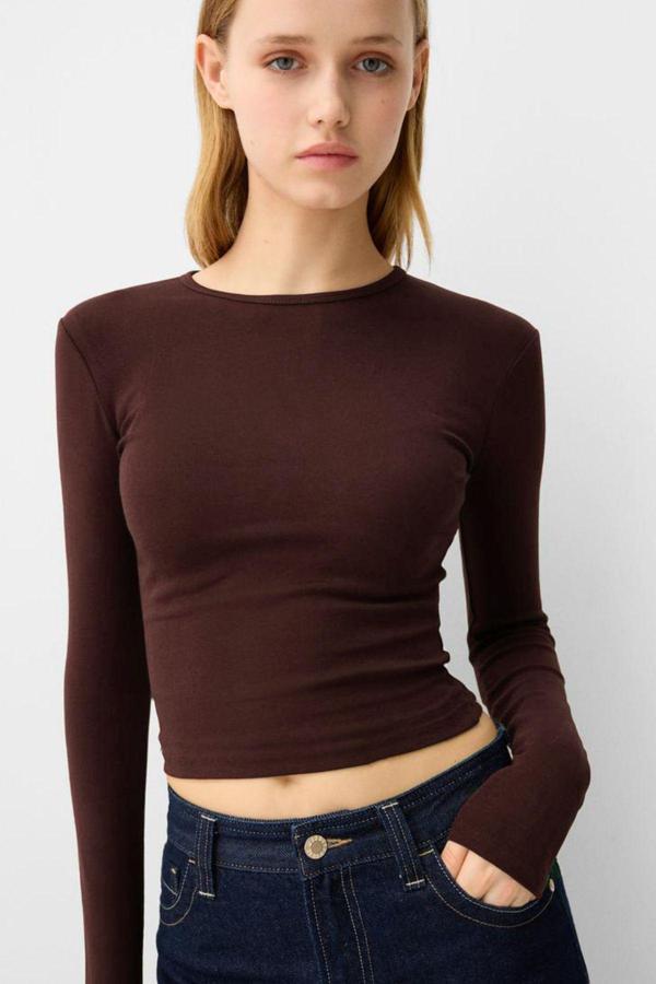 Vodens Kahve Bisiklet Yaka Basic Ultra Soft %100 Pamuk Uzun Kol Body Bluz - Image 1