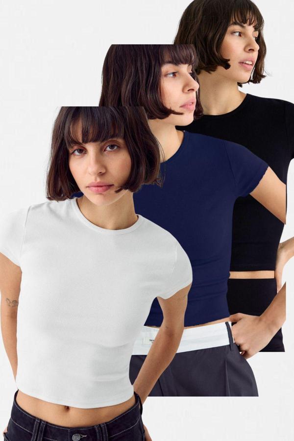 Vodens Kadın Beyaz Siyah Lacivert 3'Lü Kısakol %100 Pamuk Body - Image 1